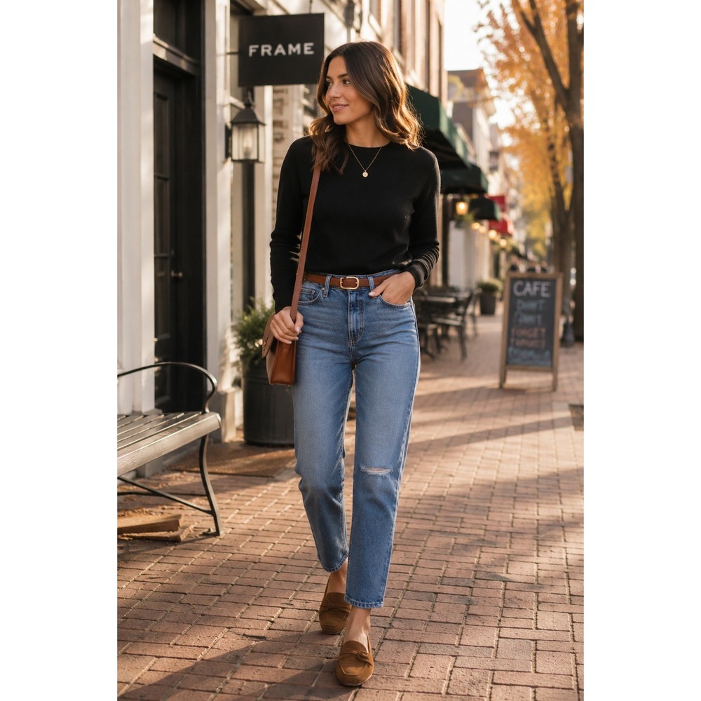 FRAME Le Sylvie Slender Straight Jeans Lomina Rips Blue High Rise Size 28 LSYL14